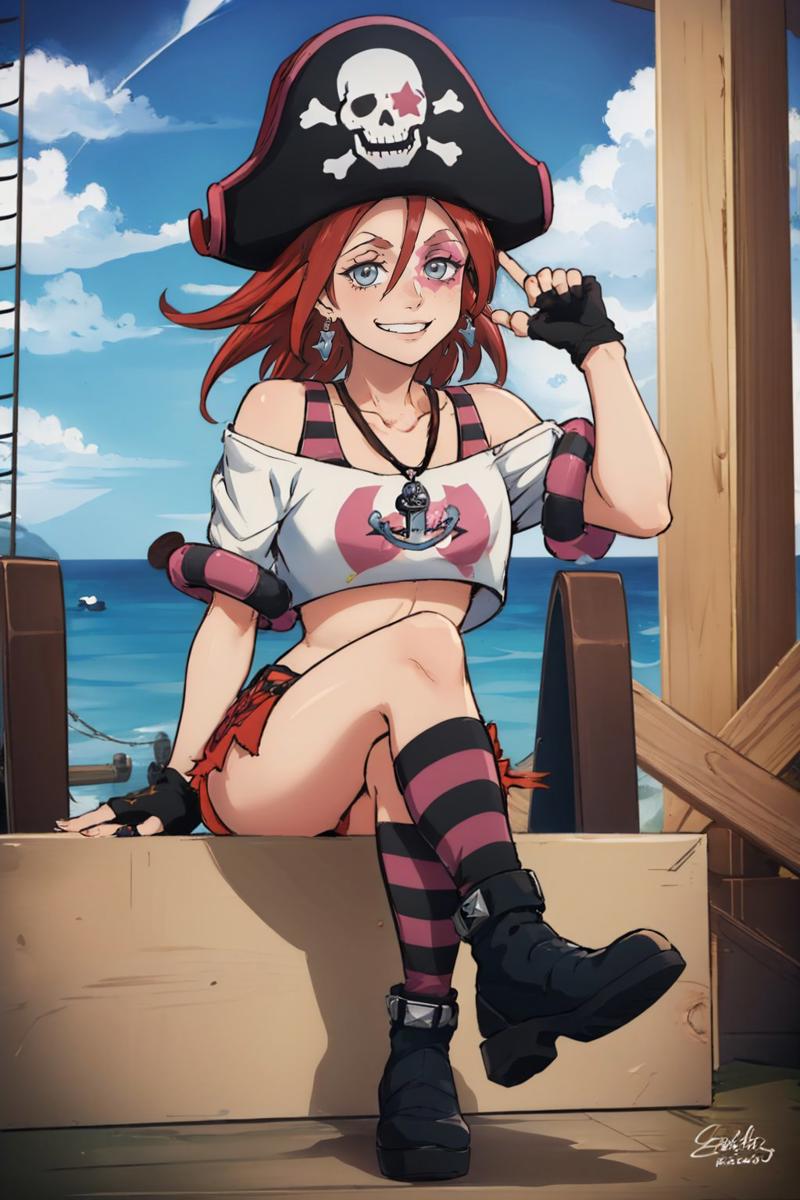 00067-1906724138-(masterpiece, best quality_1.2), solo, 1girl, sasha buckler, grin, looking at viewer, sitting, crossed legs, pirate hat, skull a.jpg